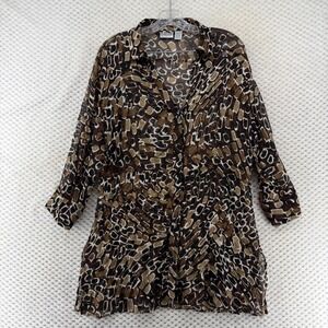 Chico's Women Sheer Animal Print 3/4 Sleeve Silk Button Down Tunic Top‎ Size 2/L